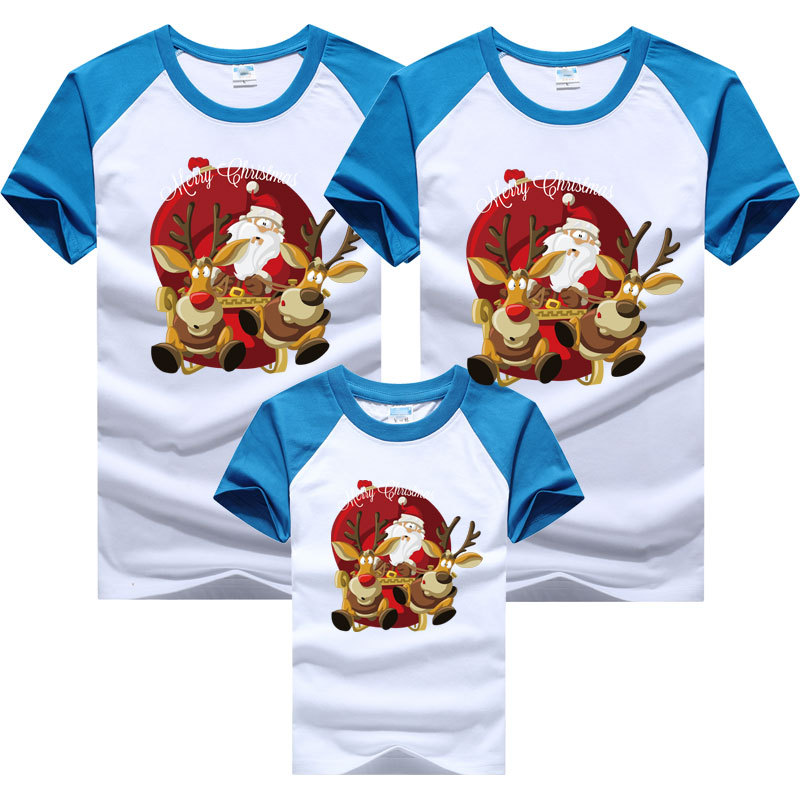 Camiseta de manga corta para padres e hijos 2024 Navidad árbol de Navidad ropa para niños europeos y americanos cuello redondo manga raglán color a juego superior