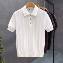 軽くて豪華なニットの半袖poloシャツの上着の男性の夏の新型の純色の氷の糸は襟の半袖のtシャツの男性を折ります。