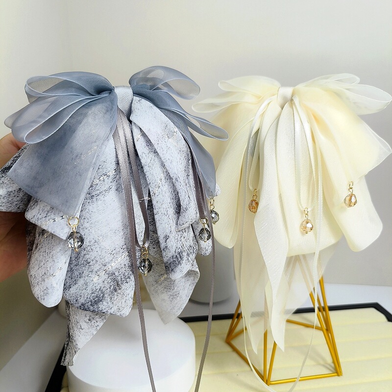 【ガーデンパーティー】スーパーフェアリーシフォンリボンポニーテールクリップ、高級リボンサメクリップ、ハーフタイヘアピン|undefined