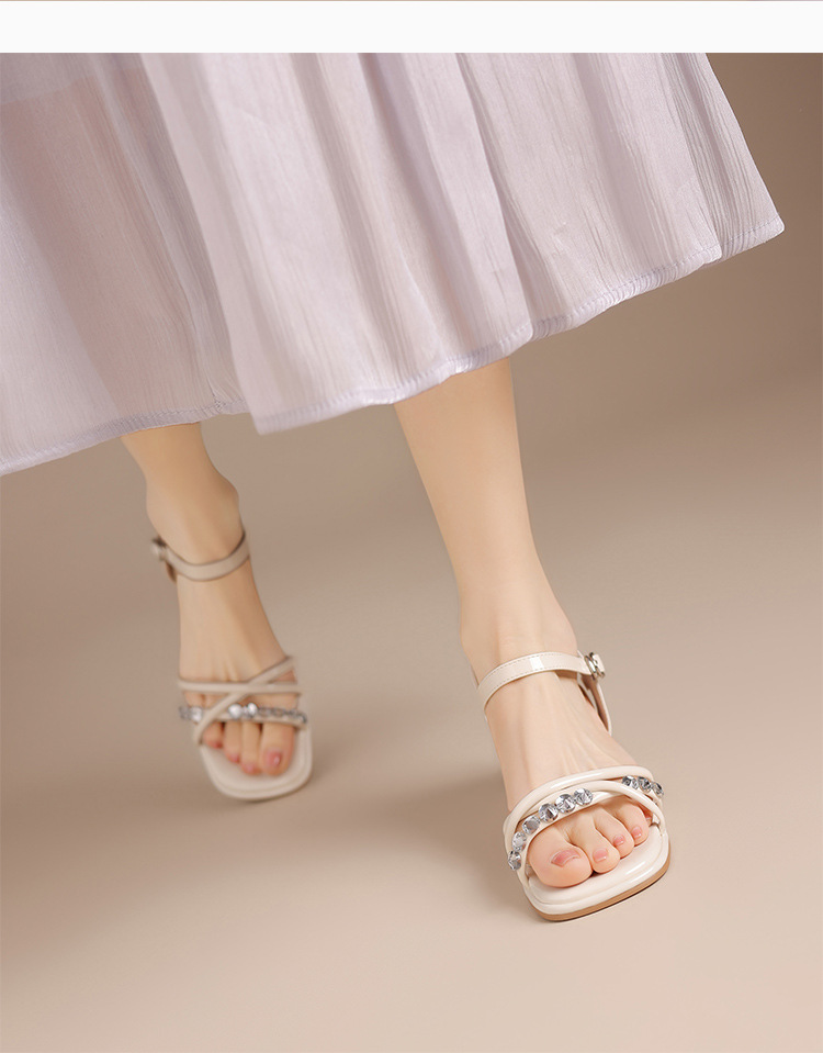 Sandal La Mã nữ đế dày đính đá gót vuông phong cách cổ điển — JF188 màu be chi tiết 20
