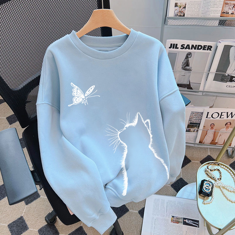 Blue Round Neck Sweatshirt for Women 2025 New Autum Unique Design Cat Jacket Long-Sleeved Hooded Top Trendy Blue Round Neck Sweatshirt for Women 2025 New Autum Unique Design Cat Jacket Long-Sleeved Hooded Top Trendy