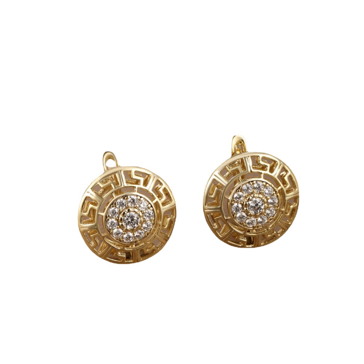 Xupe joyería de moda retro redondo patrón Gran Muralla diamante incrustado aleación oído anillo oído hebilla aleación chapado en oro pendientes elegantes para las mujeres