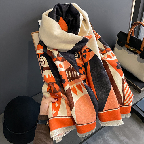  Autumn and Winter New Imitation Cashmere Scarf Women's Cartoon Poker Pattern Warm and Versatile Long Shawl
