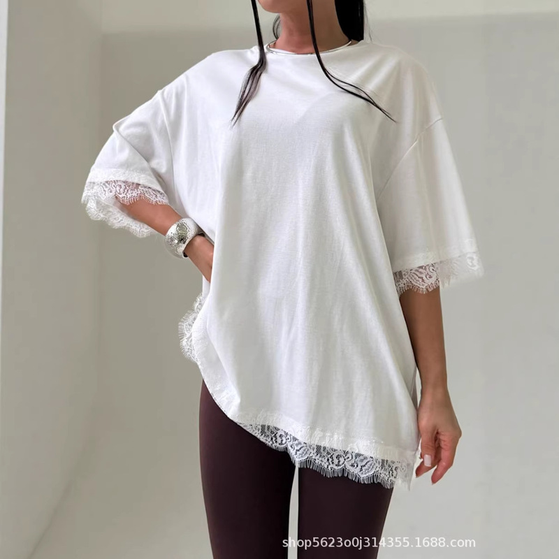 European and American Style 2026 Lace Patchwork Round Neck Short-Sleeve T-Shirt for Women, Age-Reducing Loose Fit Slimming Top, Summer Wholesale