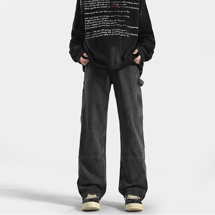 High Street Zipper Jeans Men's 2024 New Arrival Spring and Summer American Style Retro Tooling Loose Straight Wide Leg Long Pants