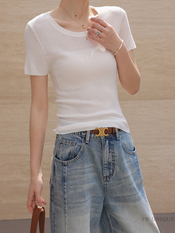 JWUNIQUE白色圆领短袖羊毛T恤女2025年夏季新款修身显瘦纯色上衣|undefined