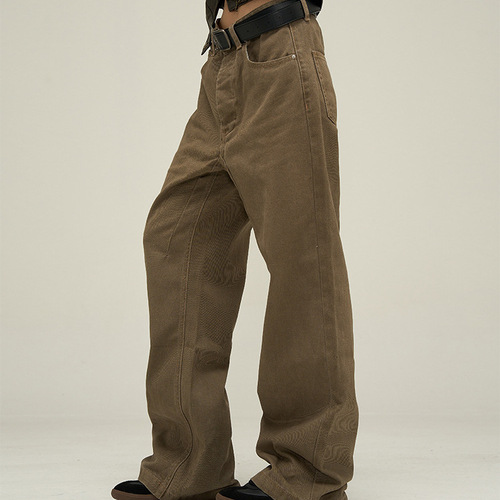 Vintage American Carmel Coffee Color Loose Men's Cool Streetwear Leisure Cleanfit Pants Couple