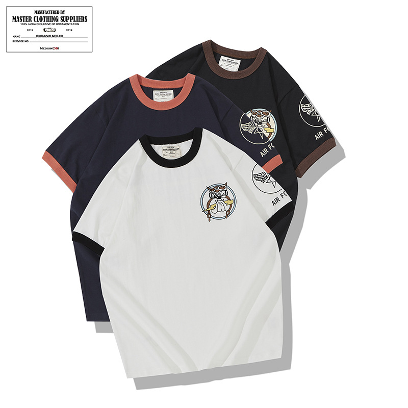 OKONKWO 230G 2021 militar Amica Air Force color a juego de hilo manga corta Camiseta retro sin cuello TEE