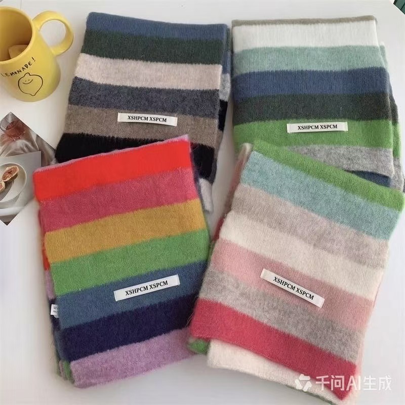 Striped Rainbow Small Scarf for Women, Winter Knitted Color-Blocked High-End Knitted Short Neck Warmer, 2024 Autumn Tonglu Scarf