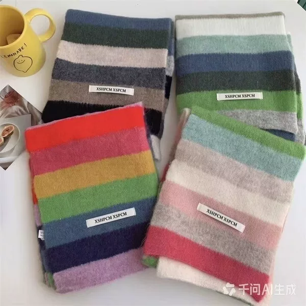 Striped Rainbow Small Scarf for Women, Winter Knitted Color-Blocked High-End Knitted Short Neck Warmer, 2024 Autumn Tonglu Scarf