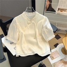 新中式国风盘扣短袖衬衫女夏季设计感刺绣轻薄防晒小衫雪纺上衣潮