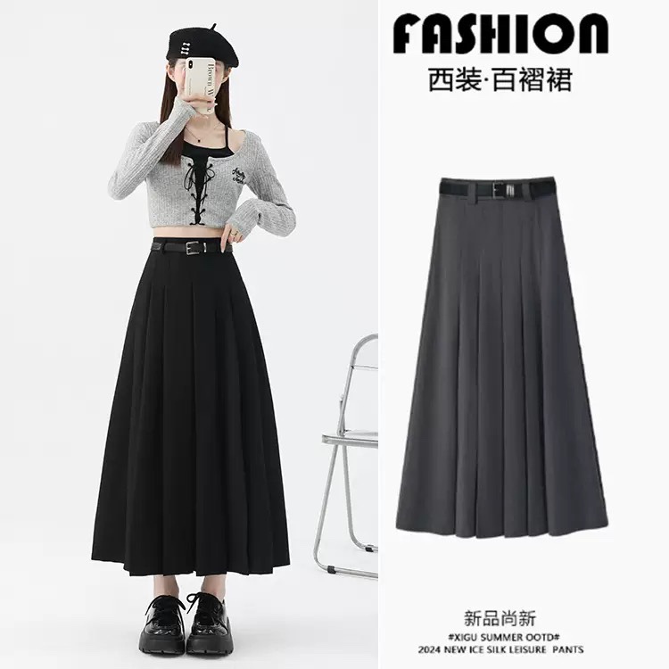 Jk Skirt for Women, Autumn and Winter Style, High-Waisted, Slimming, Pleated Skirt with Belt, Large Hem, High-Waisted, Elegant and Fashionable Mid-Length Skirt