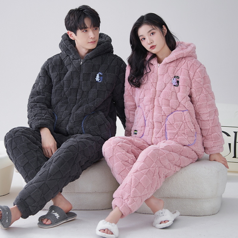 Nueva pareja de algodón acolchado pijamas hombres y mujeres de tres capas engrosadas de algodón acolchado cremallera collar soporte cremallera cálido hogar desgaste