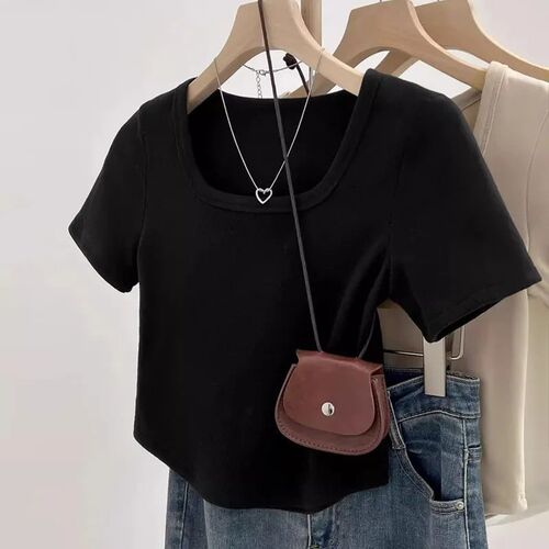 Thin Square Neck Short Sleeve Shirt Women's Summer Slim Fit Versatile Curved Hem Hot Girl Bottoming Top