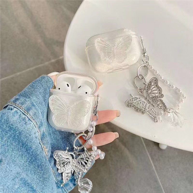 透明閃粉蝴蝶耳機套適用airpods Pro2代藍牙無線耳機保護殼新3代