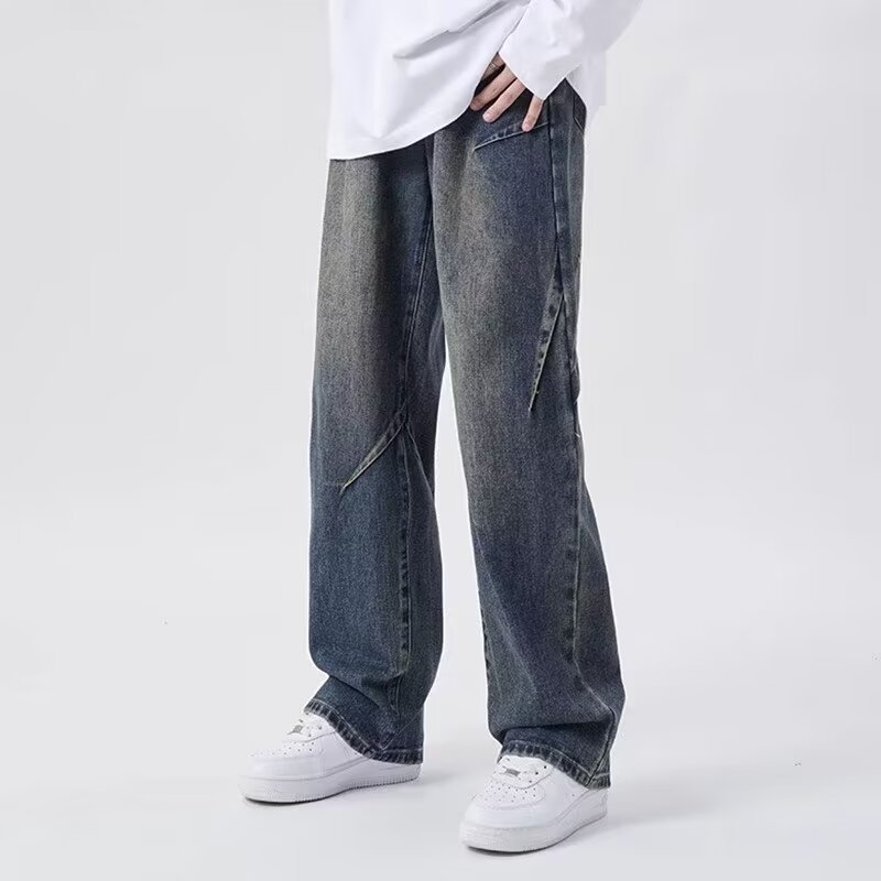 Hong Kong Style Men's Summer New 2025 Personalized Jeans Hip-Hop Ins Trendy High Street Trendy Handsome Loose Trousers