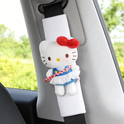 Hello Kitty Plush Toy Car: Seat belt shoulder pad - white-shoulder-pads-crystal-velvet-white-skirt-dark-blue-kt-single