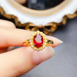 新款天然太阳石戒指S925银镶嵌主石6*8mm百搭网红爆款女饰批发