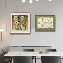 法式中古风餐厅装饰画高级感绿色卧室床头挂画复古客厅组合花鸟图
