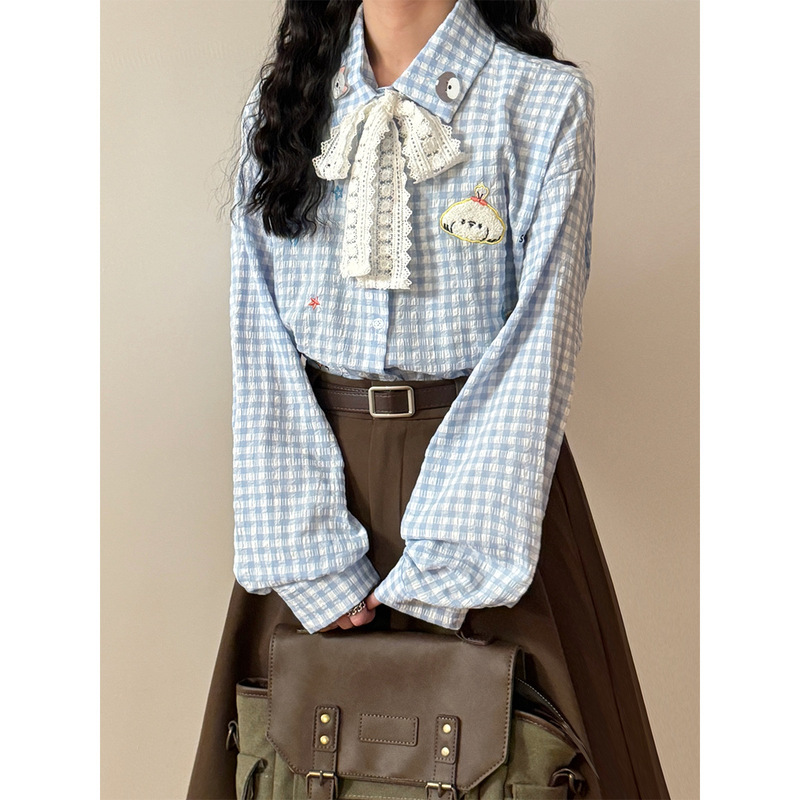 2025 New Early Spring Japanese Style Retro Fun and Cute Embroider Pattern Textured Plaid Long-Sleeved Shirt Women's Jacket