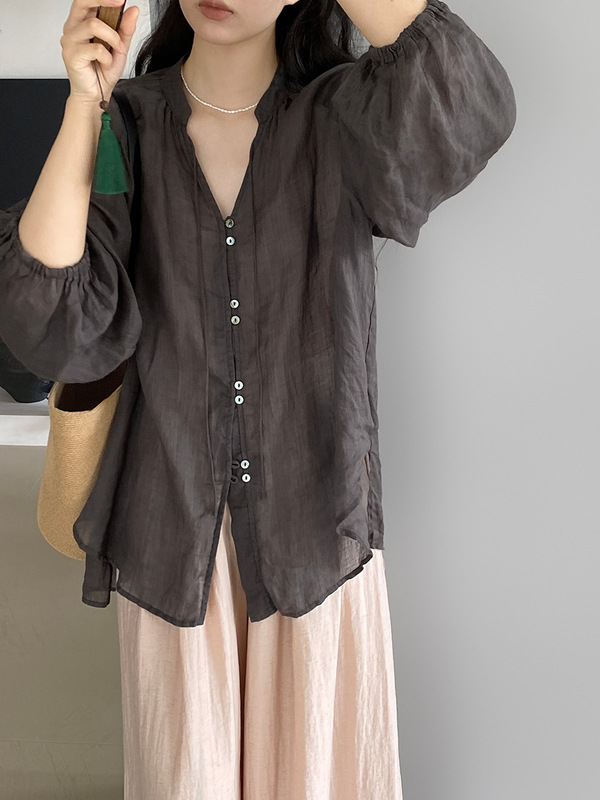Jiangzuo 100 ラミー禅スタイル日焼け止めシャツ女性の夏フレンチルーズ薄型ランタンスリーブトップ 1565|undefined