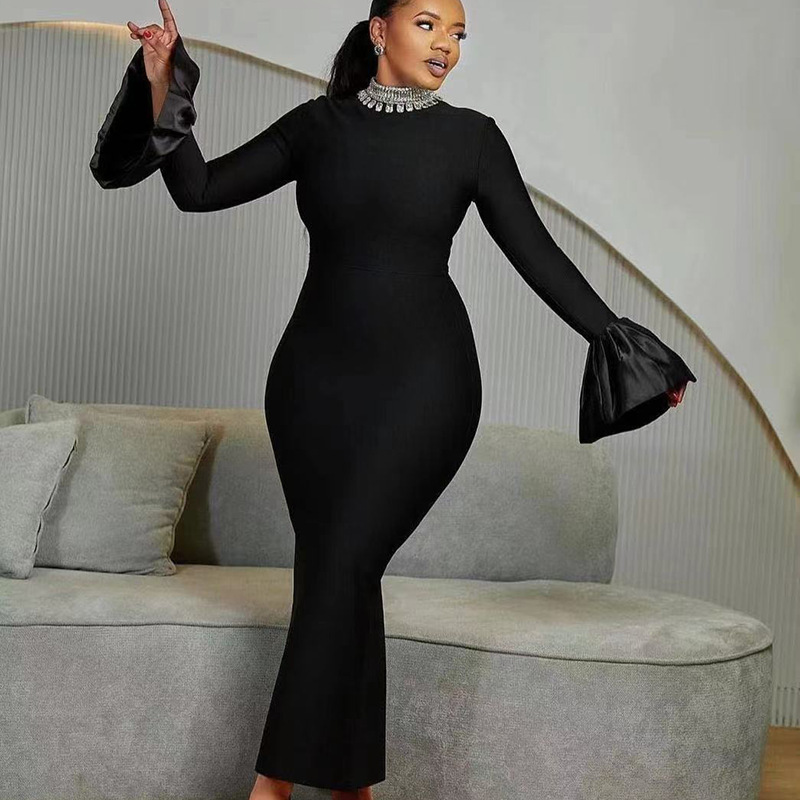 European and American Bandage dress Cross-border New Round Neck Nail Drill Horn Sleeve Temperament Waist Long Sleeve Women's Split Long Dress European and American Bandage dress Cross-border New Round Neck Nail Drill Horn Sleeve Temperament Waist Long Sleeve Women's Split Long Dress