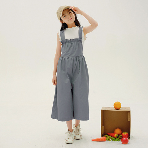 Girls overalls spring and summer Korean style children's clothing casual loose straight wide leg culottes medium and large children 8 points pants