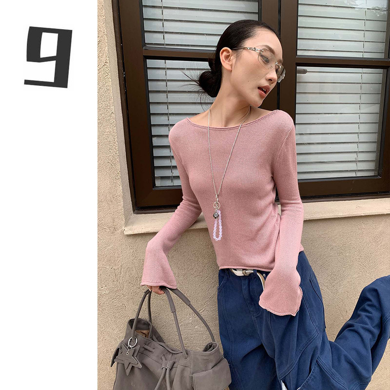9hour rolled-hem long-sleeve knit top for women, autumn new Korean-style slim-fit base layer, short top C5606 9hour rolled-hem long-sleeve knit top for women, autumn new Korean-style slim-fit base layer, short top C5606