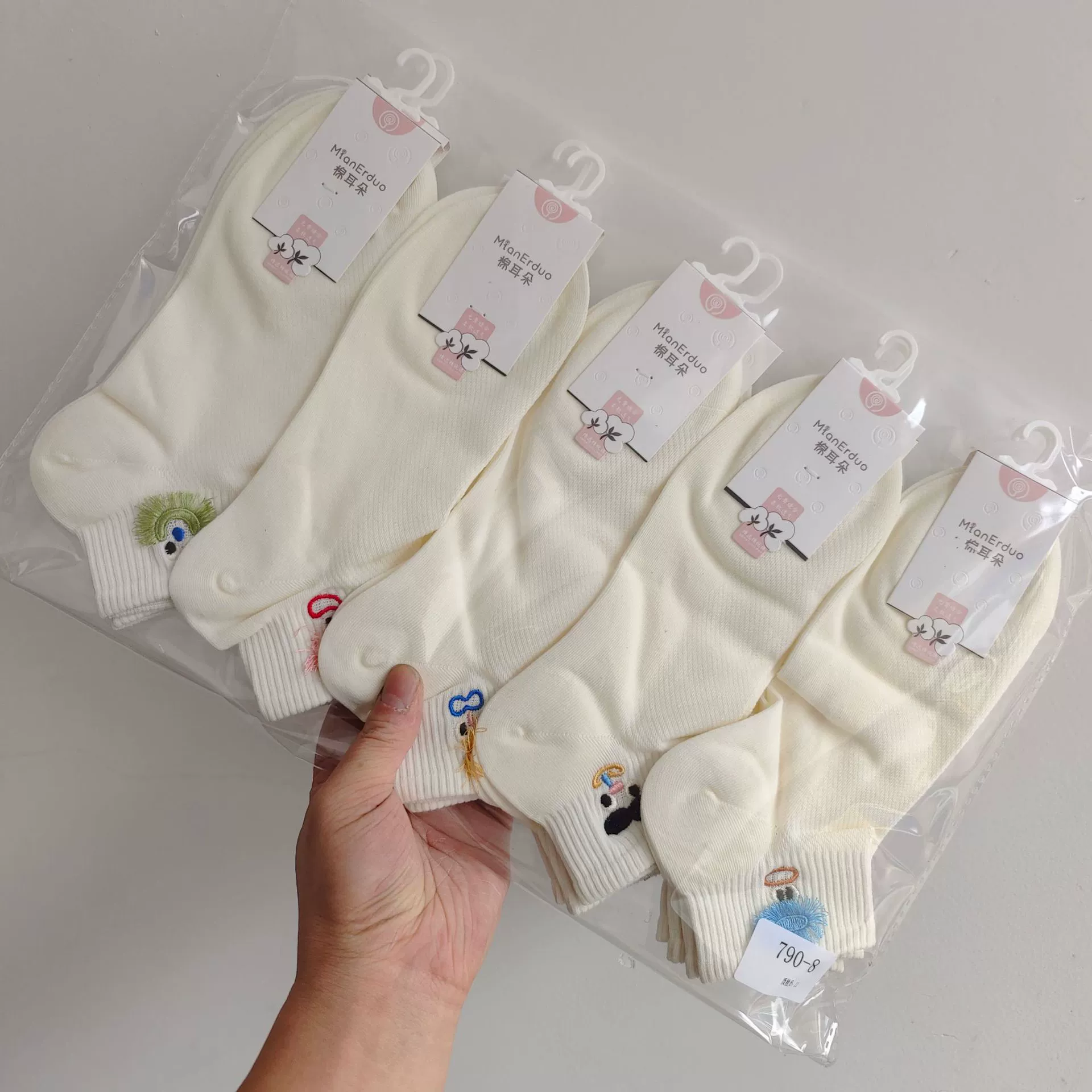 棉耳朵 Spring summer socks, thin sports accessory, combed cotton, with embroidery