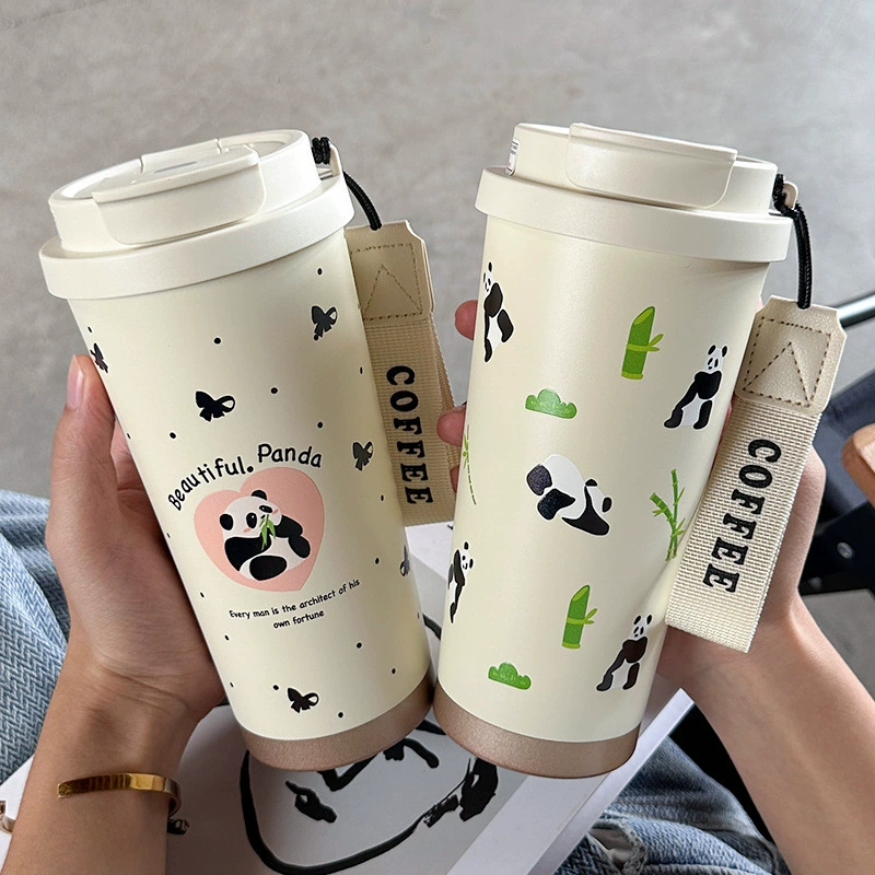 Portable Coffee Tumbler, glass & stainless steel travel mug, 500 ml, cute pattern strap gift