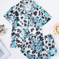 跨境外贸新款女士睡衣印花翻领短袖短裤欧美家居服women pajama