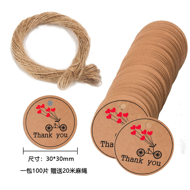 批发亚马逊外贸跨境圆形牛皮纸THANK YOU感谢你吊卡配麻绳