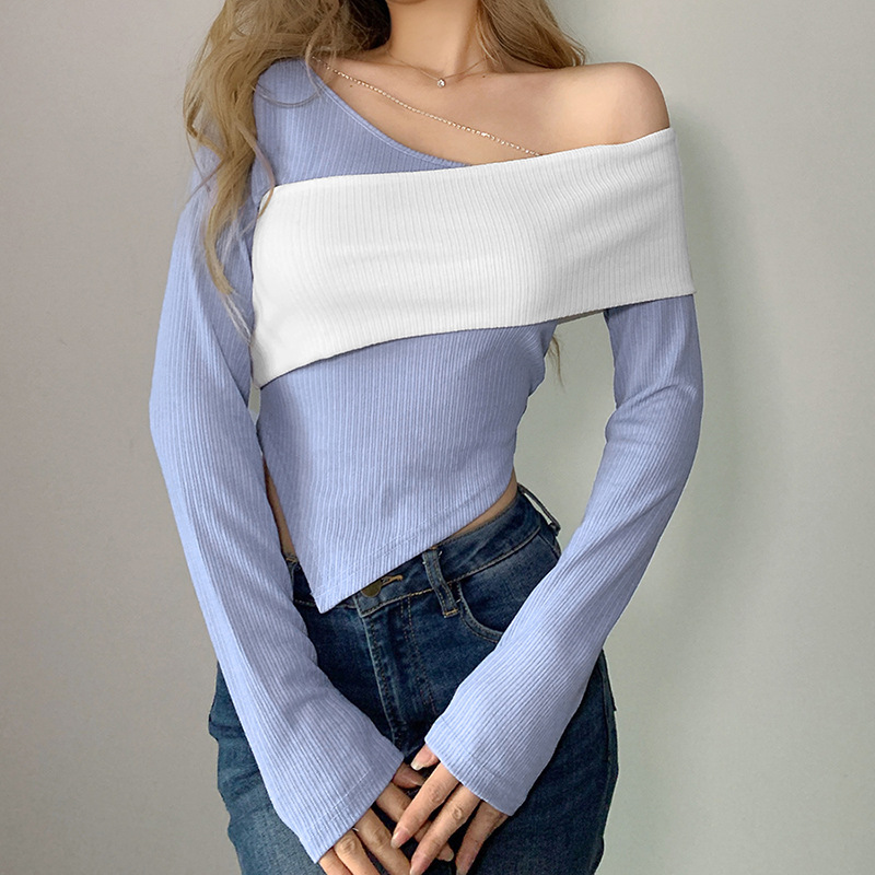 Contrast Color Stitching Slanted Shoulder Irregular Knitted Top NSSS114441