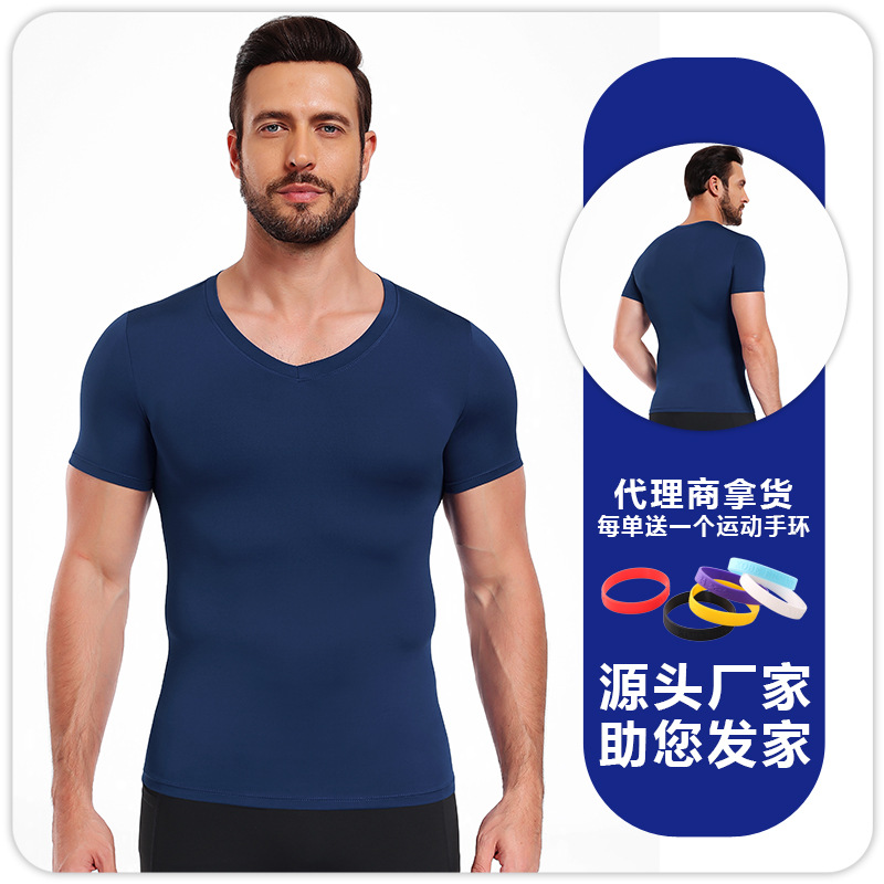 Hombres camiseta de cuello en V ajustado de color sólido de alto elástico camiseta deportiva de base rápida secado transpirable acondicionamiento físico correr baloncesto mangas cortas