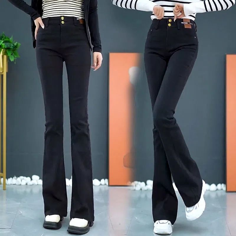 2025 New Autumn and Winter Black Bootcut Jeans for Women, Slim Fit, Stretchy and Versatile Horseshoe Flared Pants Ins