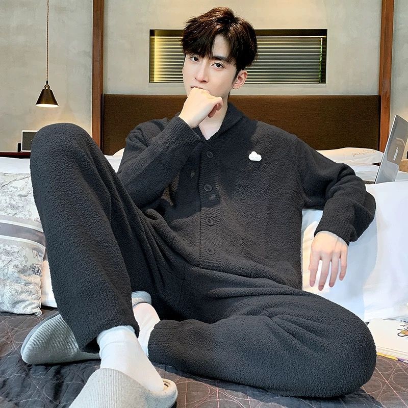 New Half-Velvet Pajamas for Men in Autumn and Winter Thickeneded and Velvet to Heattech 2025 Winter Home Wear Set