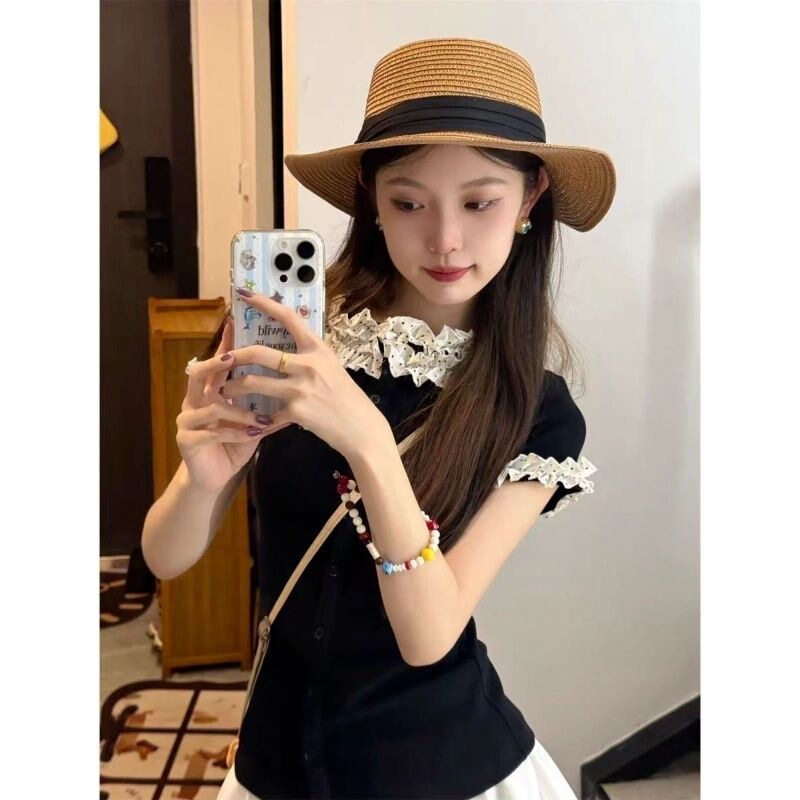 Rich Lady!! !【Polka Dot Lace】College Style Short Sleeve T-Shirt for Women Ins Slim Fit Cardigan Top