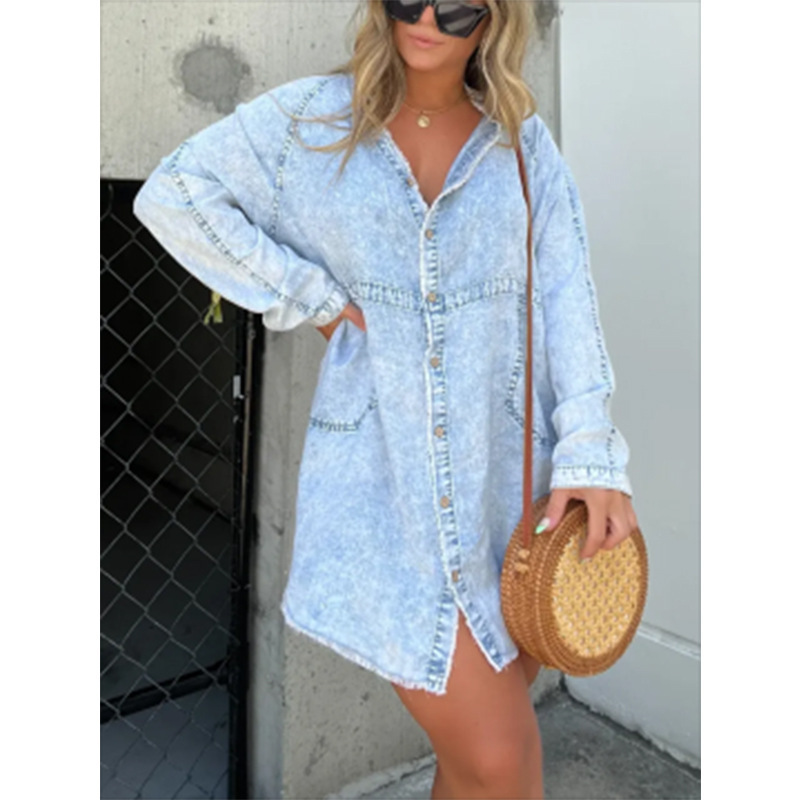 2023 New European and American Cross-border Amazon Hot Denim Skirt V-Neck Washed Loose Shirt Dress Plus Size 2023 New European and American Cross-border Amazon Hot Denim Skirt V-Neck Washed Loose Shirt Dress Plus Size