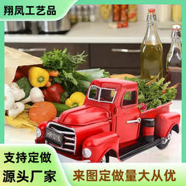 跨境亚马逊金属乡村皮卡与圣诞树装饰红色卡车铁艺手工圣诞卡车