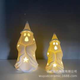 跨境欧式陶瓷装灯万圣节幽灵可爱桌面装饰家居创意摆件LED灯烛台