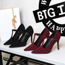 3628欧美风气质高跟鞋超高跟浅口绒面T字带单鞋夜店性感女鞋