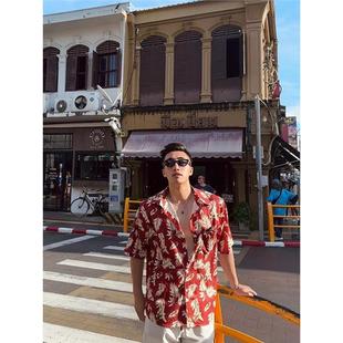 Hawaiian Ice Silk Beach Flower Shirt Short-Sleeved Men's Summer Thai Seaside Vacation Men's Clothing Southeast Asian Style Clothes