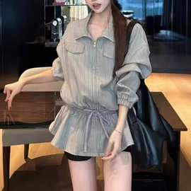 高级感复古条纹立领夹克女2026年春秋季新款时尚高级感小众外套潮
