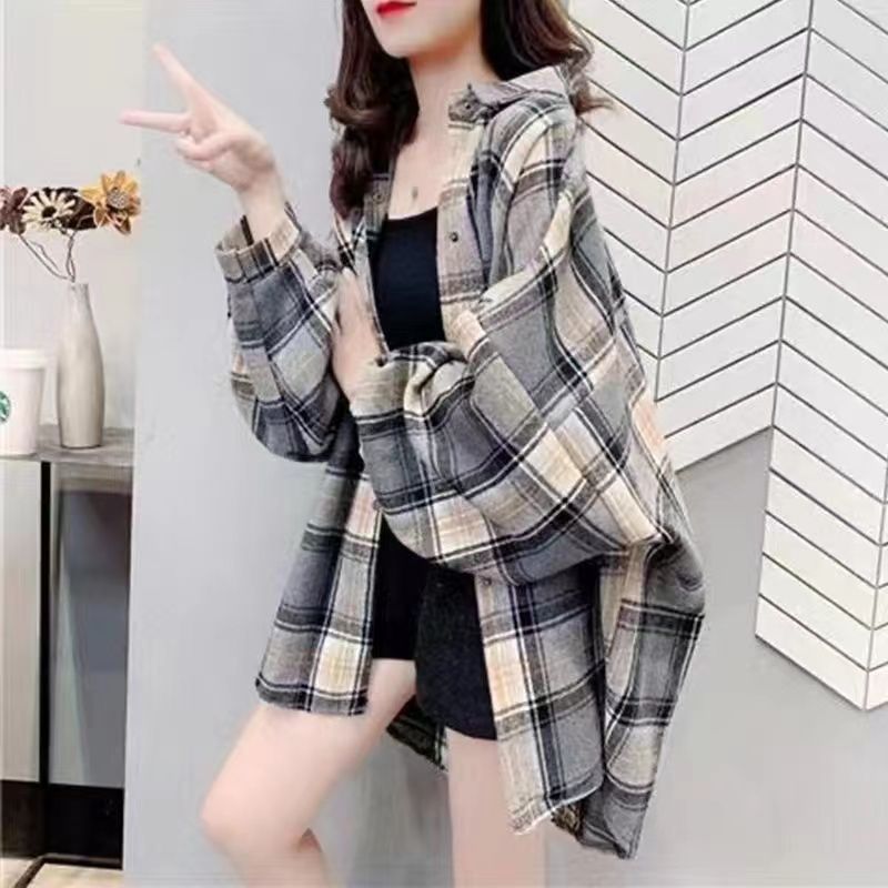 毛呢外套格子衬衫女2025秋冬新款韩版复古港味宽松加厚磨毛衬衣女|undefined