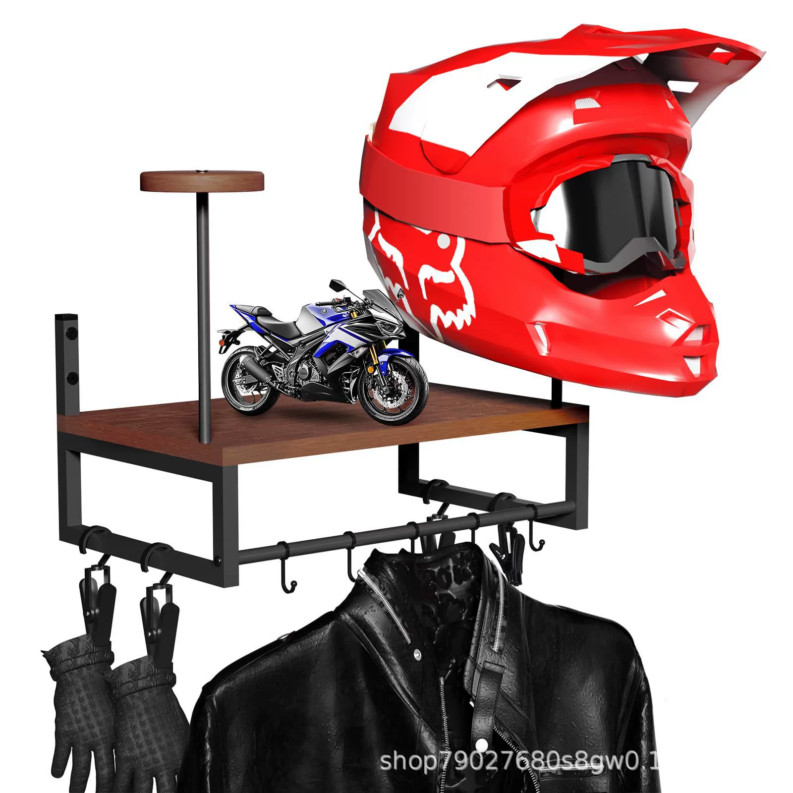 Настенная стойка для хранения мотоциклетных шлемов из дерева, с креплением для одежды и велосипедной экипировки