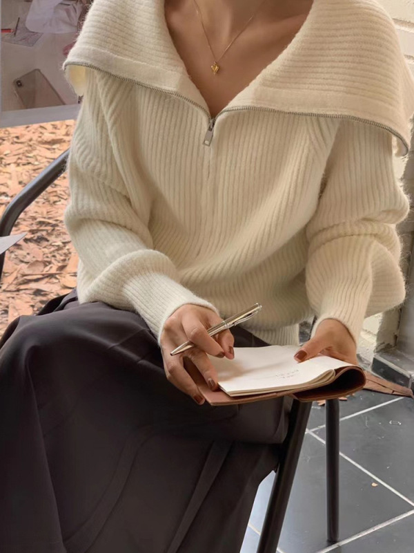 毛衣外套女开衫秋季新款韩系大翻领拉链纯色慵懒软糯宽松版针织衫|undefined