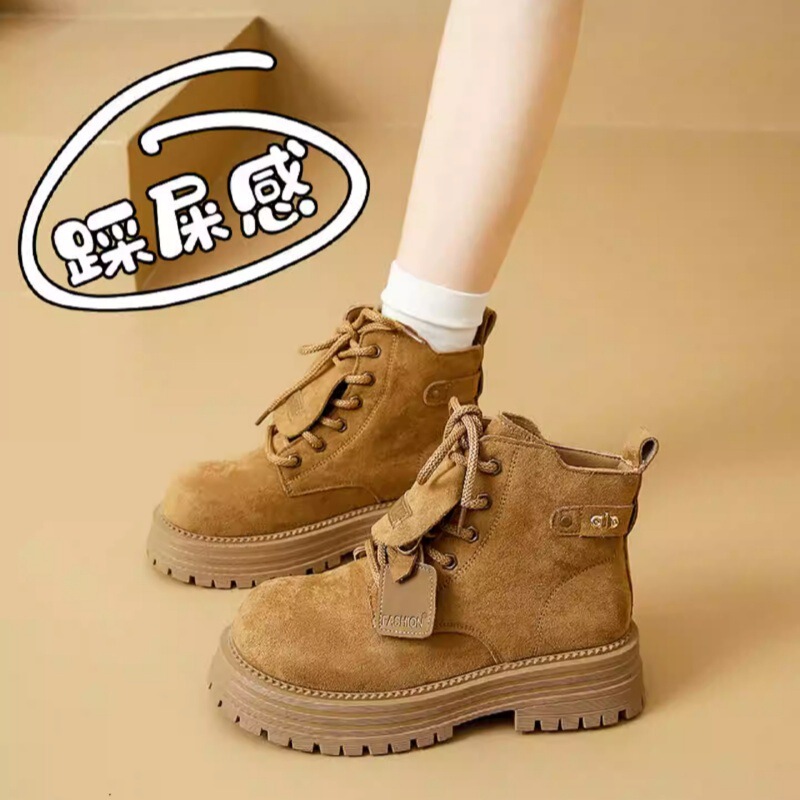 Boots Women's 2025 New Autumn and Winter Genuine Leather British Style Short Boots Maillard Retro Thick-Soled Heightening Work Boots