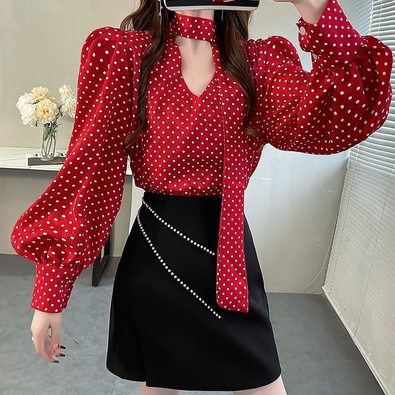 Red Polka Dot Print Shirt for Women, Spring Sweet Puff Sleeve Top, Halter Neck Slimming Design, Tie-Up V-Neck Blouse Red Polka Dot Print Shirt for Women, Spring Sweet Puff Sleeve Top, Halter Neck Slimming Design, Tie-Up V-Neck Blouse