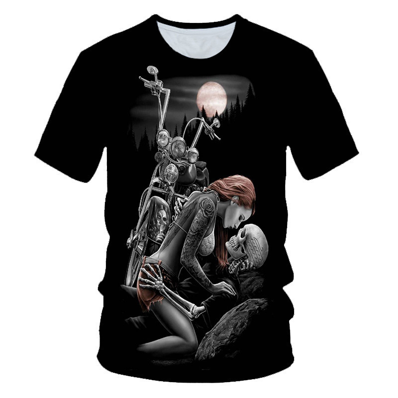 Foreign trade new motorcycle skull beauty kiss pattern 3D printing short sleeve T-shirt casual clothes men's clothing Foreign trade new motorcycle skull beauty kiss pattern 3D printing short sleeve T-shirt casual clothes men's clothing