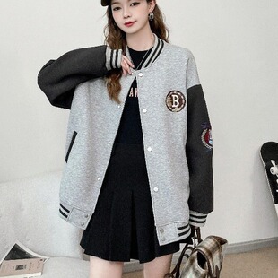 Real shot spring baseball uniform 2024 new popular South Korea small women's color matching embroidered loose jacket top